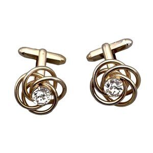 Rhinestone Gold Tone Spiral Wire Floral Cufflinks